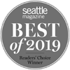Gray circular badge with "Seattle Magazine Best of 2019 Readers' Choice Winner" text in white.