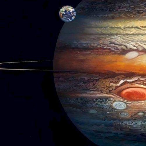 The image shows a stylized representation of Jupiter with its Great Red Spot, a small Earth nearby, and two spacecraft in space.