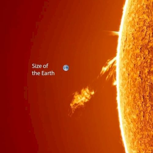 The image shows the Sun with solar prominences and a small Earth icon for scale, illustrating the Sun's massive size compared to Earth.