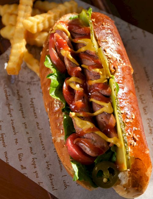 A hot dog with mustard, tomatoes, lettuce, and jalapeños is on a parchment, accompanied by crinkle-cut fries on the side.