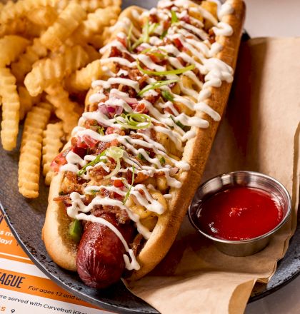 The image shows a loaded hot dog with toppings, crinkle-cut fries, and ketchup on a plate with a paper liner.