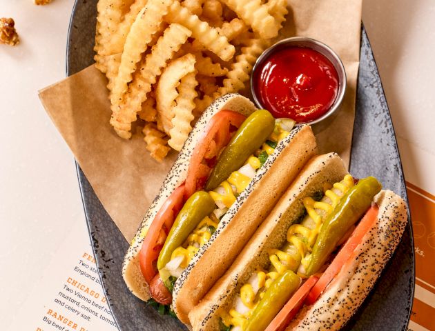 The image shows two loaded hot dogs with poppy seed buns, crinkle-cut fries, and a cup of ketchup on a plate, plus a menu underneath.